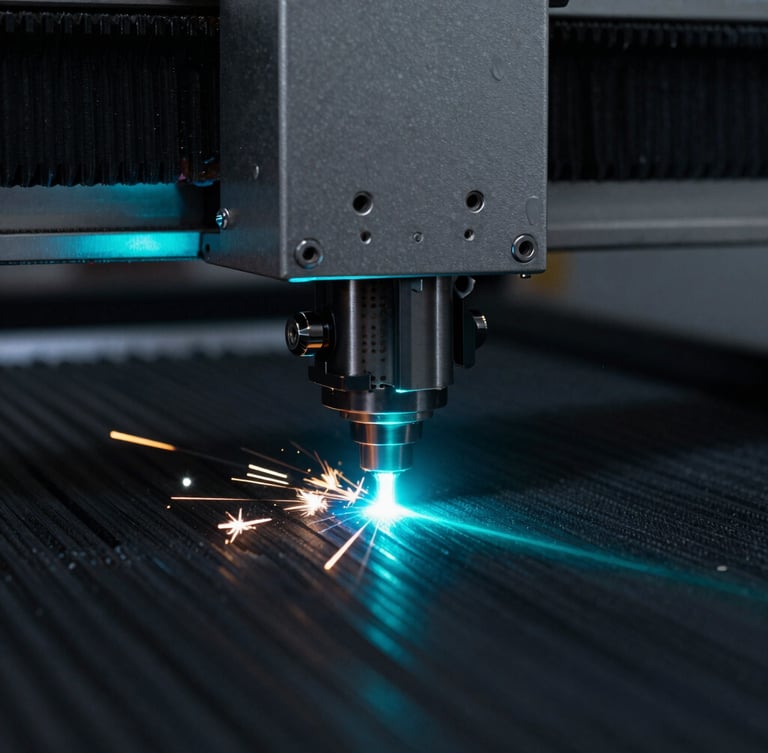 Macro shot of a high-precision CNC laser cutter head emitting a bright electric cyan light path, glowing sparks, dark background, technical aesthetic, 35mm lens.