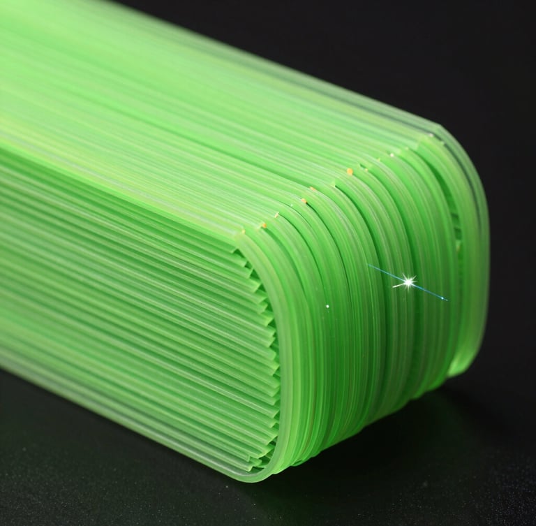 Macro shot of 3D printed layers in neon green filament, clean mesh structure, dramatic high-contrast lighting