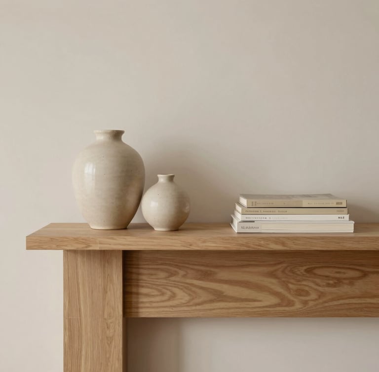 Styled residential vignette of a light oak mantle with a simple ceramic vase and a stack of books, soft diffused daylight, warm minimal interior, 35mm lens