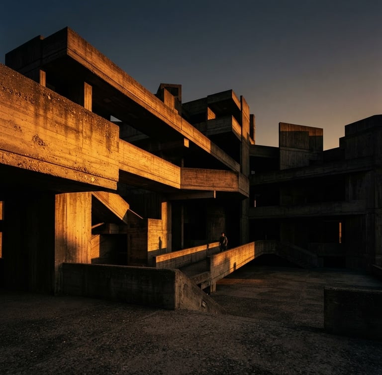 Wide-angle architectural photograph of a brutalist concrete pavilion, sharp side-lighting casting deep geometric shadows, warm amber sunset glow grazing raw stone texture, low-key chiaroscuro, 35mm lens.