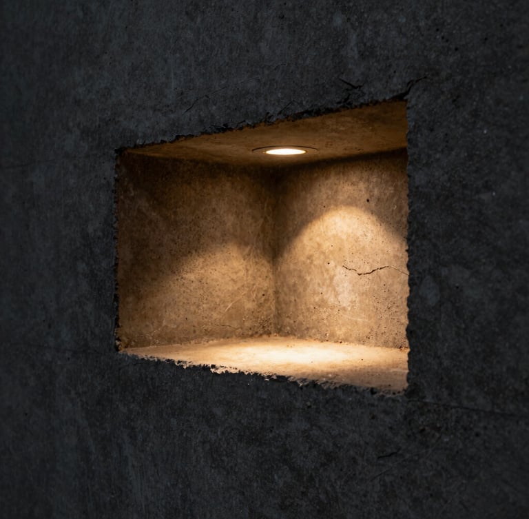 Extreme macro detail of a hidden light recess carved into raw monolithic concrete, dramatic side-lighting, deep shadows, warm amber highlights, 35mm lens