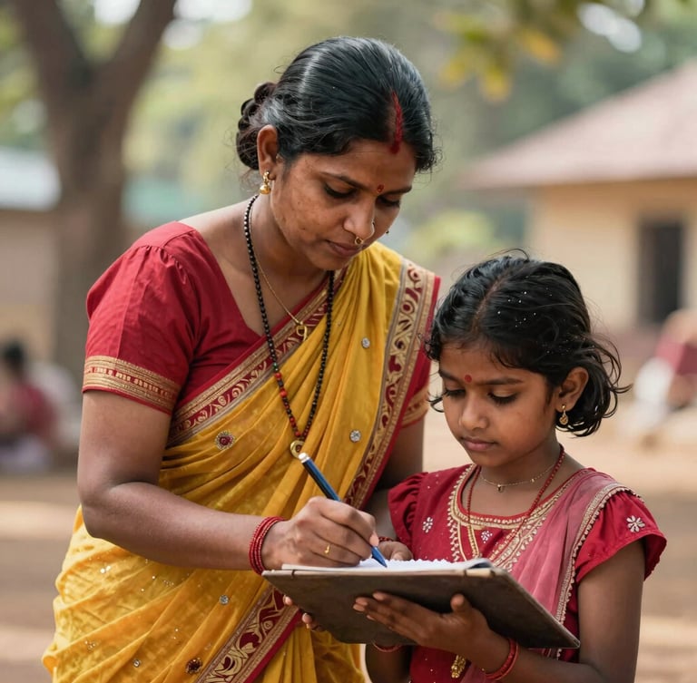 Medium shot of a tribal woman instructor guiding a young girl writing on a slate, warm natural daylight, focused expression, Maharashtra rural setting.