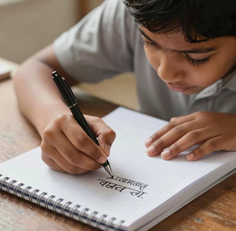Close-up of hands-on learning, a young student writing Marathi script in a clean notebook, warm natural daylight, focused expression emphasizing agency.
