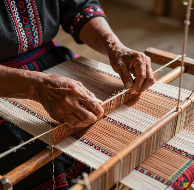 An eye-level close-up of a tribal woman's hands skillfully weaving a traditional textile on a wooden loom, warm natural sunlight highlighting the clay-toned threads.