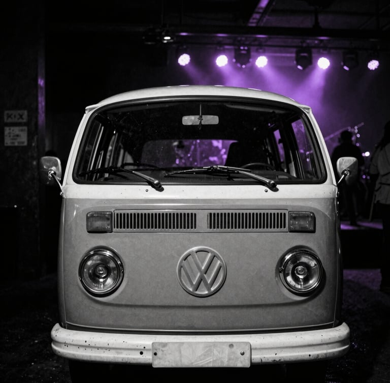 Gritty high-contrast black and white photo of a vintage Volkswagen Kombi serving craft beer, backlit by purple neon strobe lights, dark underground concert vibe.