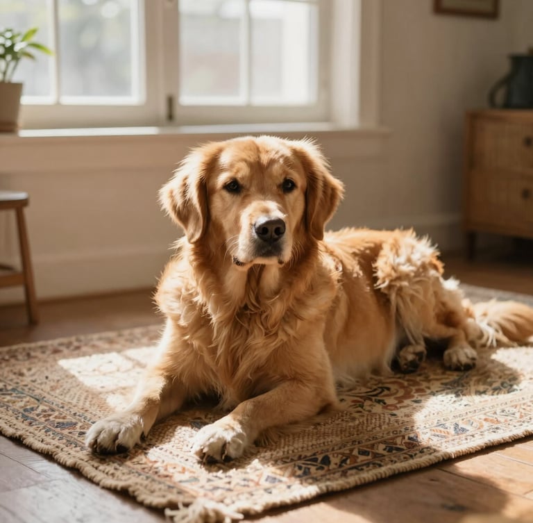 A golden retriever parent dog resting on a vintage woven rug inside a sunlit farmhouse, soft window light, warm and cozy domestic atmosphere