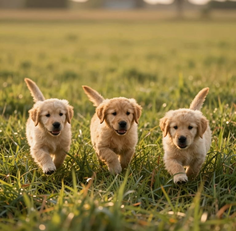 Wide candid shot of golden retriever puppies playing in tall green grass on a sun-drenched farm, warm golden-hour light, shallow depth of field.