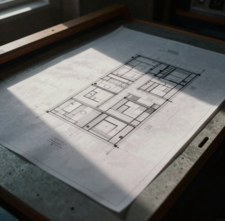 Close-up of an architectural blueprint on a large drafting table, dramatic overhead light creating sharp shadows, focus on intricate lines, empty background.