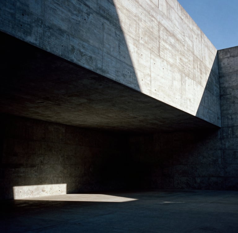 Ultra-wide shot of a monolithic concrete structure under dramatic low-angle sunlight, sharp interior angles, high-contrast light and shadow, empty architectural space, obsidian and concrete tones, 35mm film.