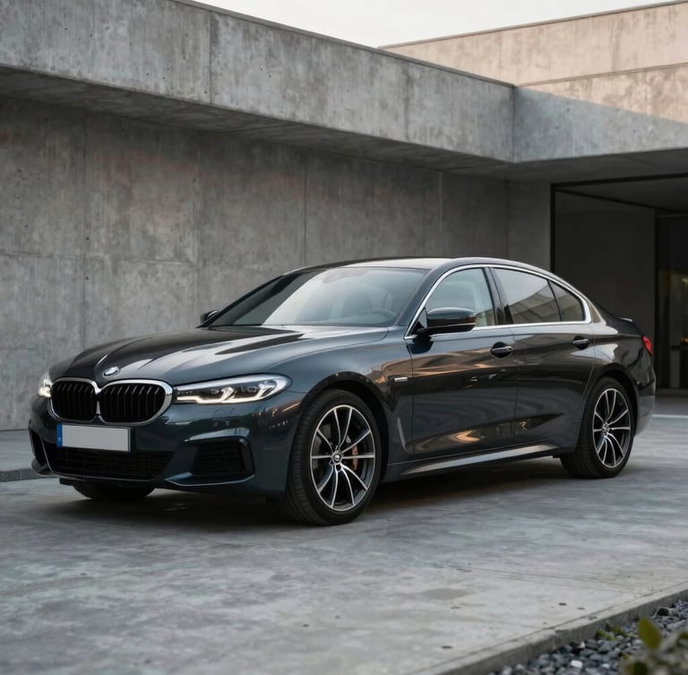 A pristine dark sedan parked in a modern minimalist concrete driveway in Budapest, soft morning light highlighting the glossy ceramic coating and sharp lines