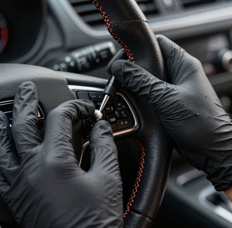 Macro shot of professional hands in black nitrile gloves detailing a premium leather steering wheel stitching, sharp focus, technical lighting, dark background.