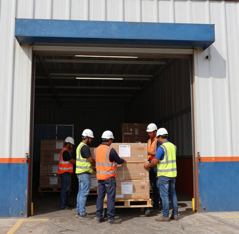 Wide environmental shot of an active loading dock in Manaus, professional workers in high-visibility safety vests and helmets organizing cargo under bright natural daylight, sharp focus, 35mm lens.