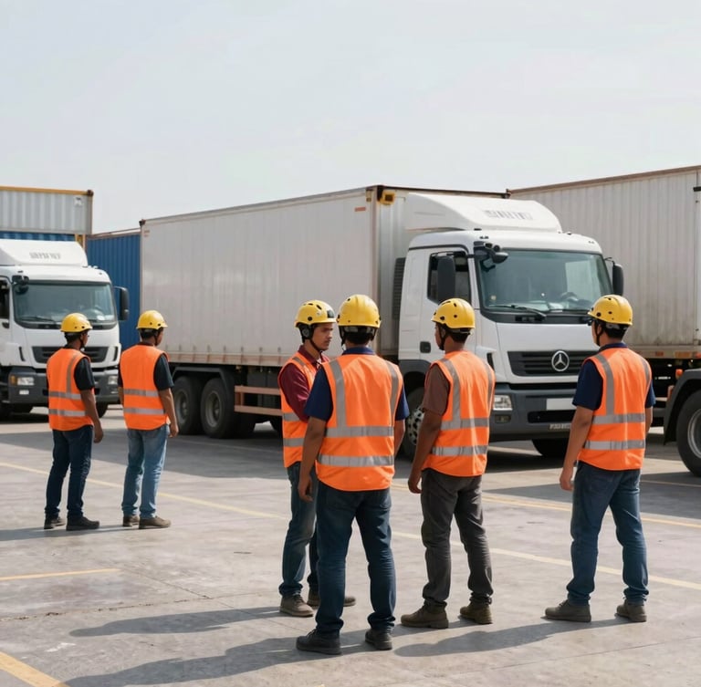 Wide environmental shot of a professional cargo team wearing orange safety vests and helmets at a busy Manaus logistics dock, cargo trucks in background, bright daylight, industrial documentary photography style.