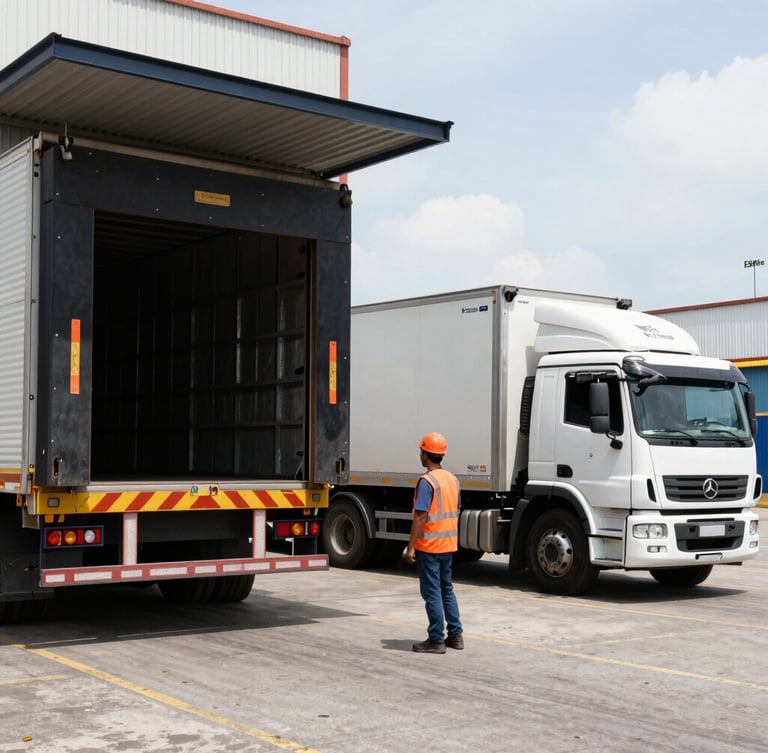 Wide environmental shot of an active loading dock in Manaus, high-contrast industrial documentary photography, bright daylight, cargo truck in background, worker wearing orange safety vest and helmet in foreground.