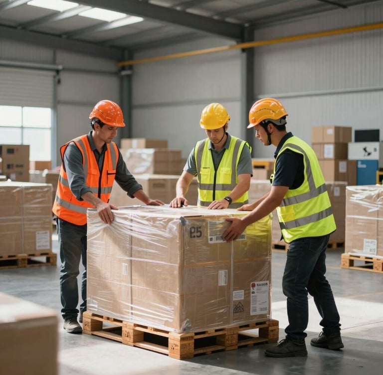 Medium shot of professional logistics workers in high-visibility safety vests and helmets organizing cargo pallets inside a clean, modern warehouse, strong industrial lighting, sharp focus.