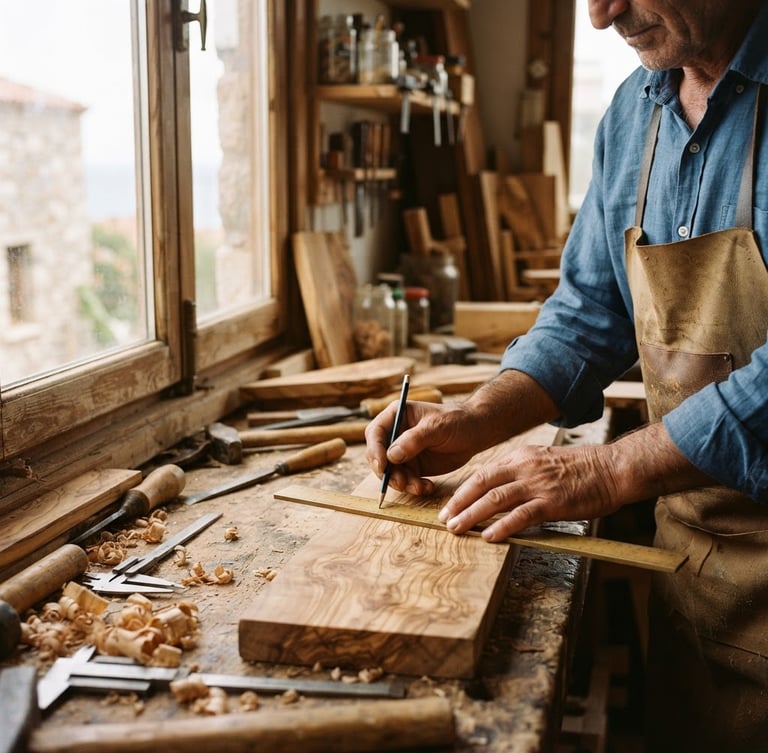 Warm editorial photography of a carpentry workshop in Urla, bright natural coastal daylight streaming through a window, a master carpenter's hands carefully measuring a piece of rich olive wood on a rustic workbench, soft focus background with wood shavings, highly detailed.