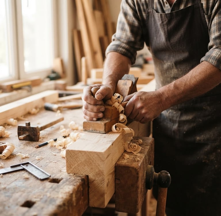 Close-up of a master carpenter sliding a hand plane over a solid pine board in a warm, sunlit workshop in Urla, wood shavings curling, bright natural light.