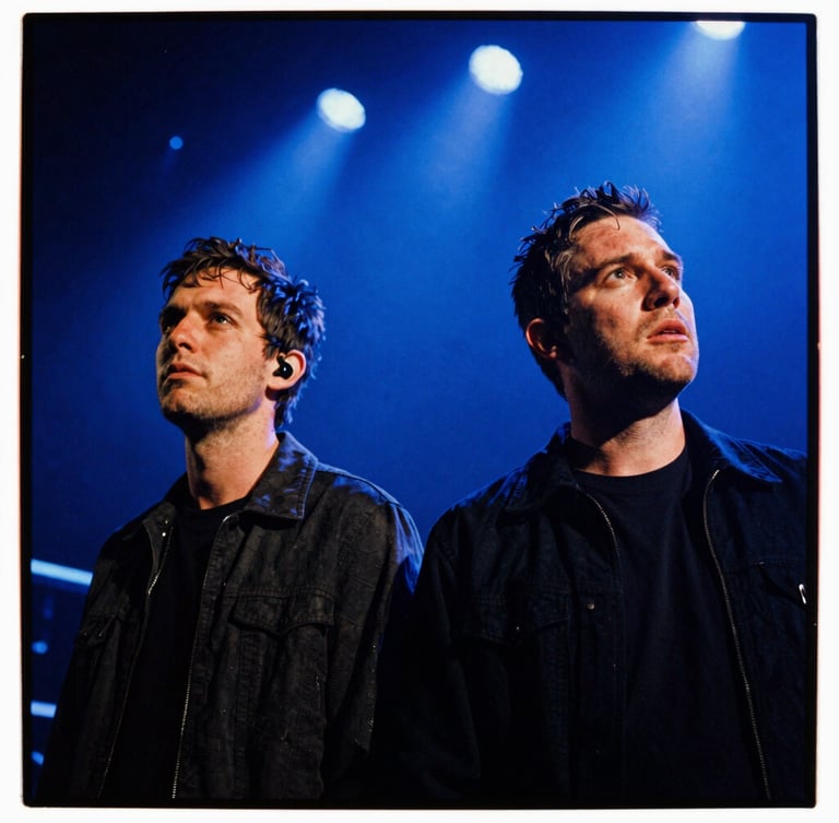 Grainy 35mm film photo of Mac and Mike mid-performance under a saturated blue stage gel, dramatic spotlighting casting deep shadows, expressive faces