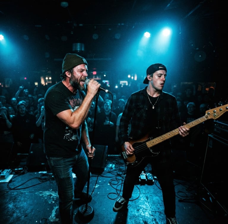 A high-contrast wide-angle performance photograph of Mac & Mike mid-delivery under intense neon-blue stage spotlights, deep shadows, grainy 35mm film style.