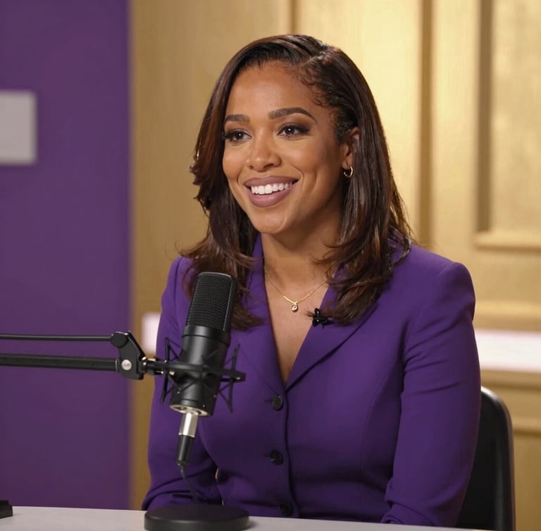 Sherita Hart hosting a podcast in a warm, gold-lit studio, speaking into a professional microphone, smiling warmly, 35mm editorial style.