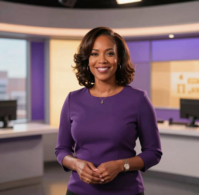 A professional portrait of founder Sherita Hart in a bright modern broadcasting studio, warm natural golden-hour light, rich purple accents, 35mm editorial photography