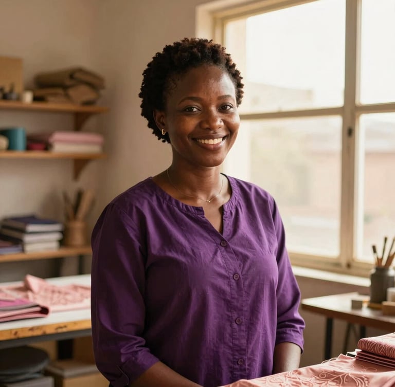 Warm editorial portrait of a smiling West African female entrepreneur in her brightly lit textile workshop, golden hour window light, shallow depth of field, 35mm.