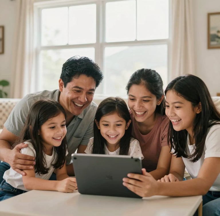 A bright, warm photo of a Mexican family in their living room, laughing together while streaming a movie on a tablet, natural light pouring in from a large window, soft focus, 35mm lens