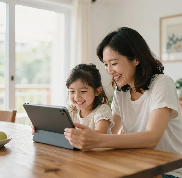Bright family home interior, natural daylight, a mother and daughter laughing while looking at a tablet on a wooden dining table, warm 35mm photography