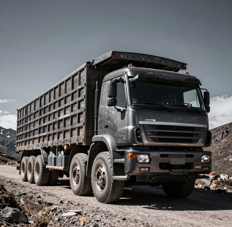 Low-angle heroic shot of a massive three-axle wooden-stake truck on a steep Andean mountain road, dramatic high-contrast daylight, metallic charcoal paint, 35mm