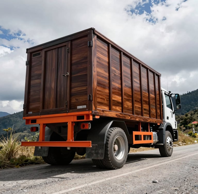 Low-angle heroic shot of a completed wooden-stake truck body, polished dark wood and orange steel chassis, parked on a rugged Colombian mountain road, dramatic high-contrast natural daylight, 35mm