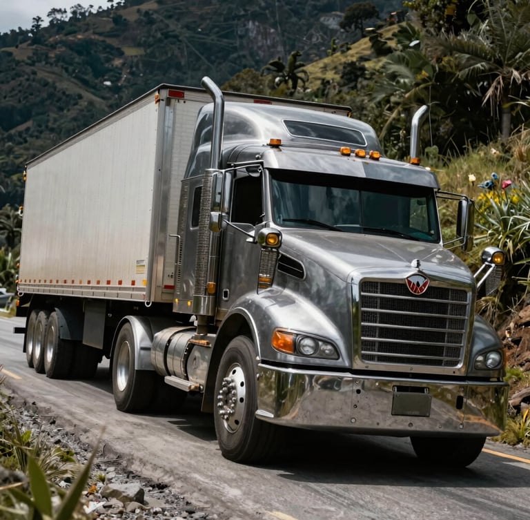 Dramatic low-angle portrait shot of a massive tractor-trailer climbing a steep Andean mountain road in Colombia, high-contrast natural daylight, deep metallic tones, 35mm