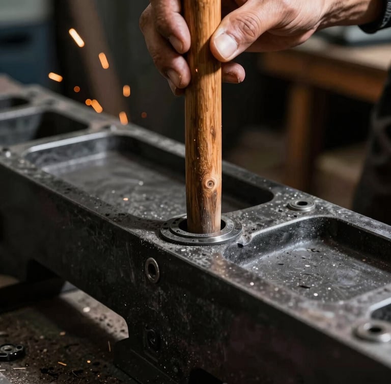 Close-up of a master craftsman hand-finishing a polished heavy wooden stake slotting into a thick charcoal steel chassis, sparks in background, high contrast, dramatic workshop lighting