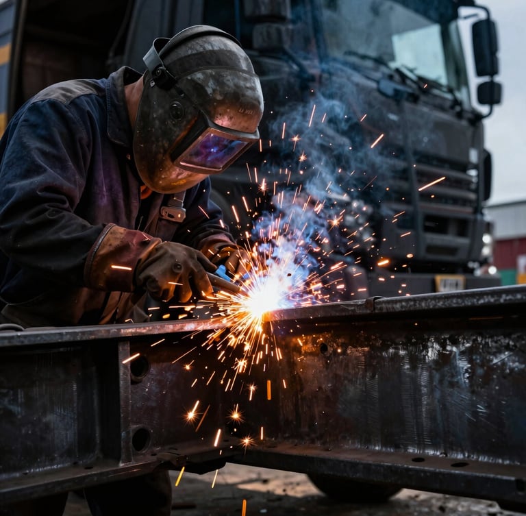 Dramatic close-up of a welder working on a heavy steel truck chassis, bright orange sparks flying, dark metallic background, high-contrast industrial photography