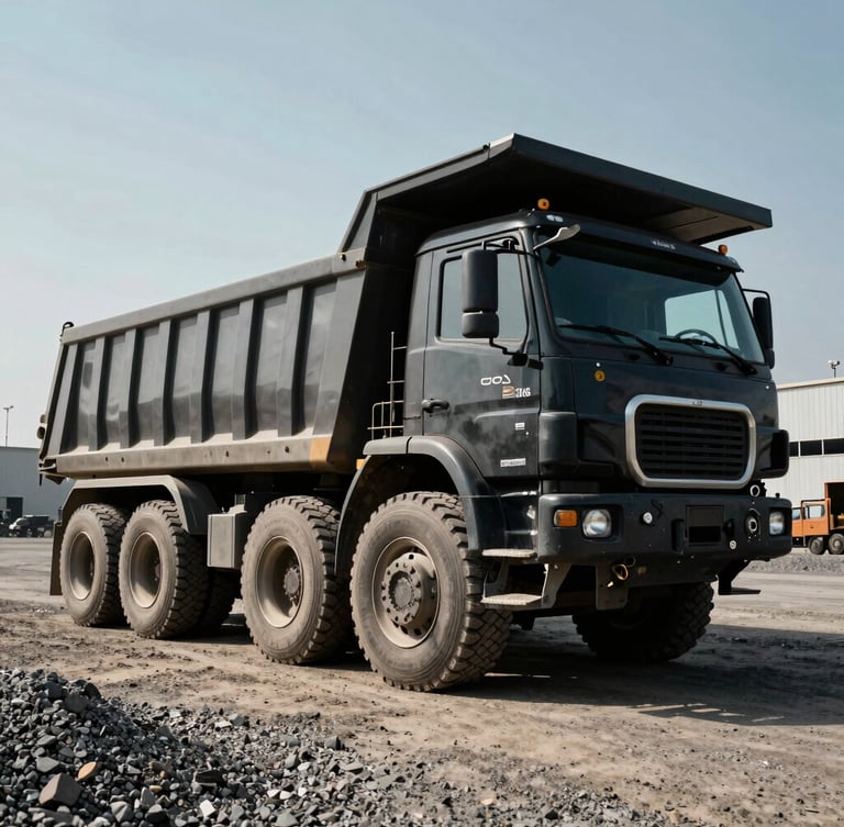 Low-angle heroic shot of a massive three-axle dump truck in an industrial gravel yard, high-contrast natural daylight, deep metallic tones, 35mm