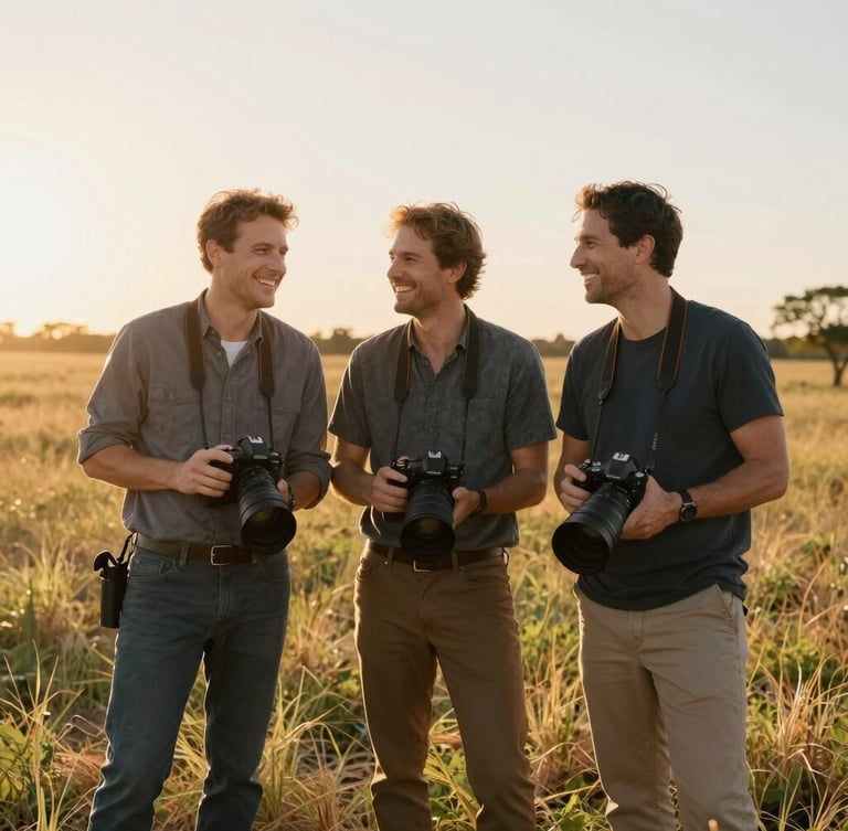A candid group portrait of three professional photographers standing together in a sun-drenched Texas field, laughing naturally, warm golden hour backlighting, editorial style