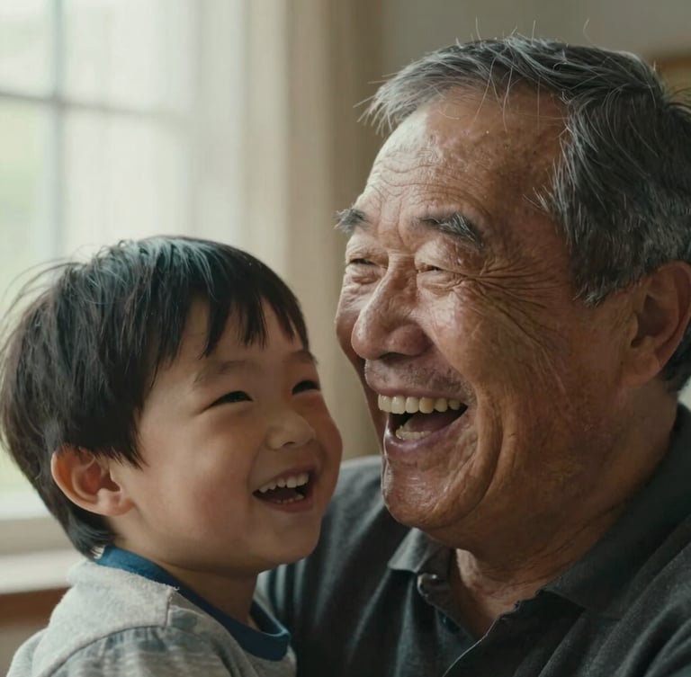 Close-up candid portrait of a grandfather laughing with his young grandson, soft ambient window light, warm tones, natural expressions.