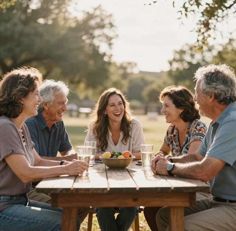 A candid portrait of a multi-generational family laughing together at an outdoor wooden table, warm Texas sun flare, natural movement.