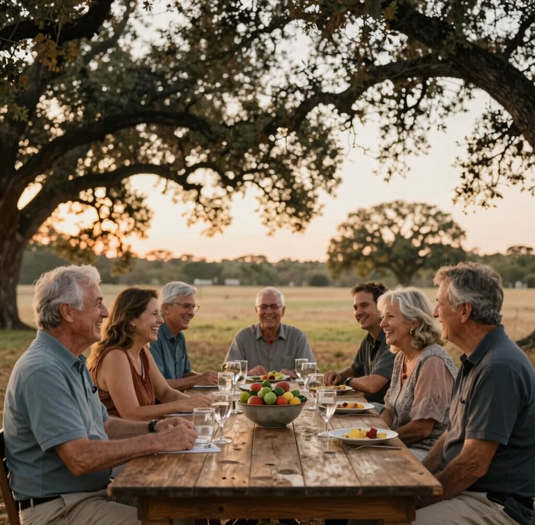 Wide angle candid shot of a multi-generational family laughing around a long wooden table outdoors during Texas golden hour, warm amber light filtering through oak trees