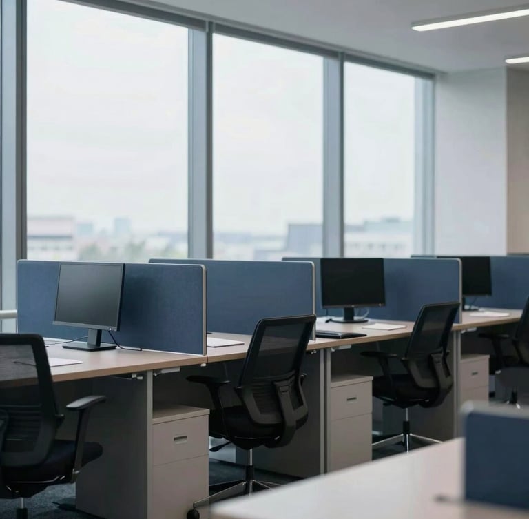 Wide environmental architectural shot of a modern structured corporate workspace, bright cool daylight, minimal design.