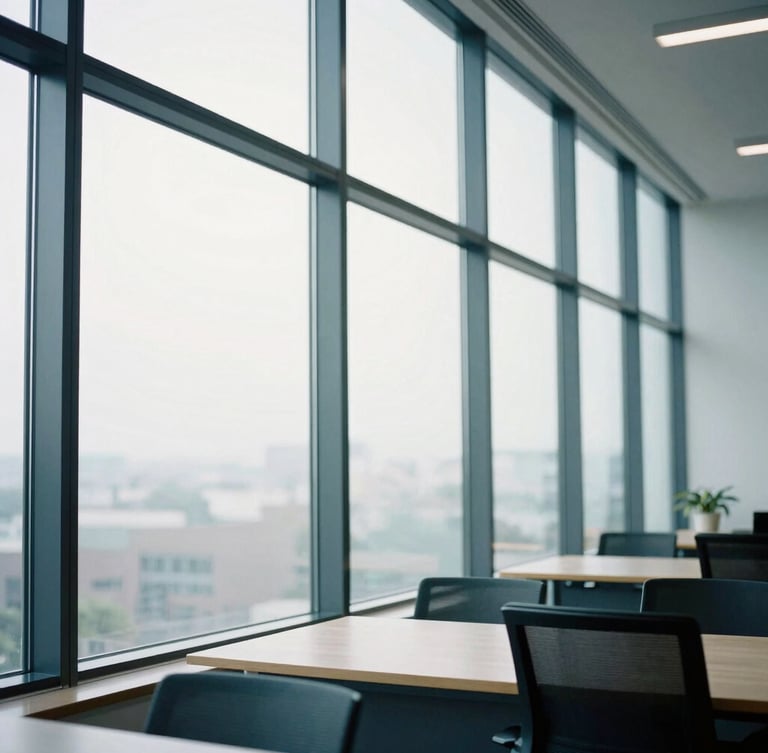 A bright, cool-toned modern architectural office interior with large steel-framed windows, soft overcast daylight illuminating a structured workspace with clean lines and minimal distraction, 35mm editorial photography.