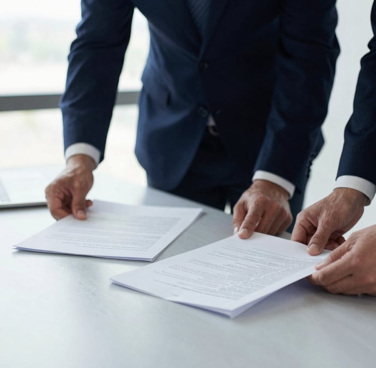 A close-up of two professionals reviewing physical documents on a light slate gray table, bright natural side light from a window, shallow depth of field, professional and structured atmosphere.