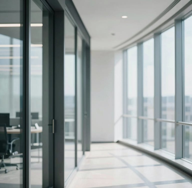 Bright modern architectural office interior with clean lines, steel and glass partitions, cool natural daylight, shallow depth of field.