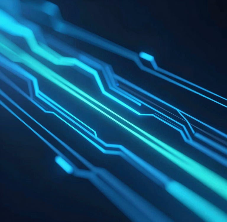 Macro perspective of glowing neon blue and teal data streams flowing through abstract geometric pathways, sleek 3D render, high-contrast tech lighting, dark mode aesthetic