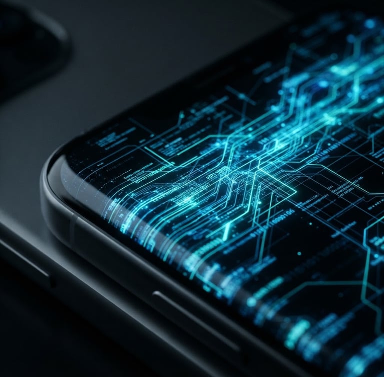 Sleek 3d render from a macro perspective, glowing neon blue and teal data streams flowing across a dark glass mobile screen, high-contrast tech lighting, clean depth of field.
