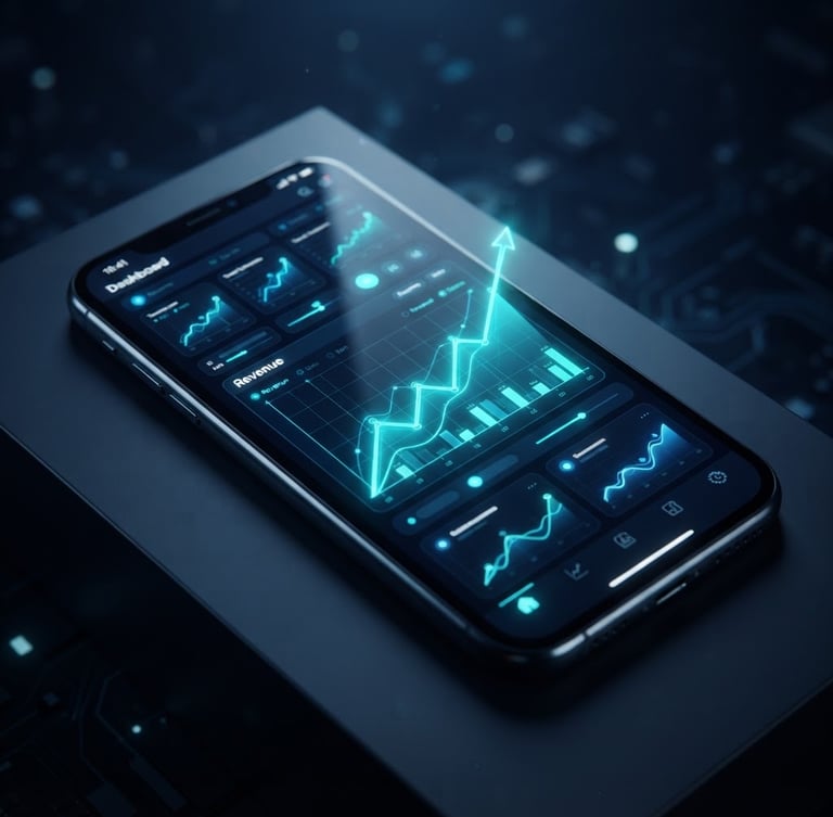 Sleek 3D render of a mobile application dashboard on a dark phone screen, glowing neon teal charts displaying upward revenue curves, high-contrast tech lighting against deep navy background