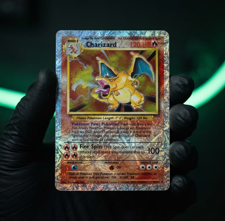 Macro photograph of a rare holographic Pokémon card held by hands in black protective gloves, focused on the pristine foil texture, dark studio background with soft green neon light.