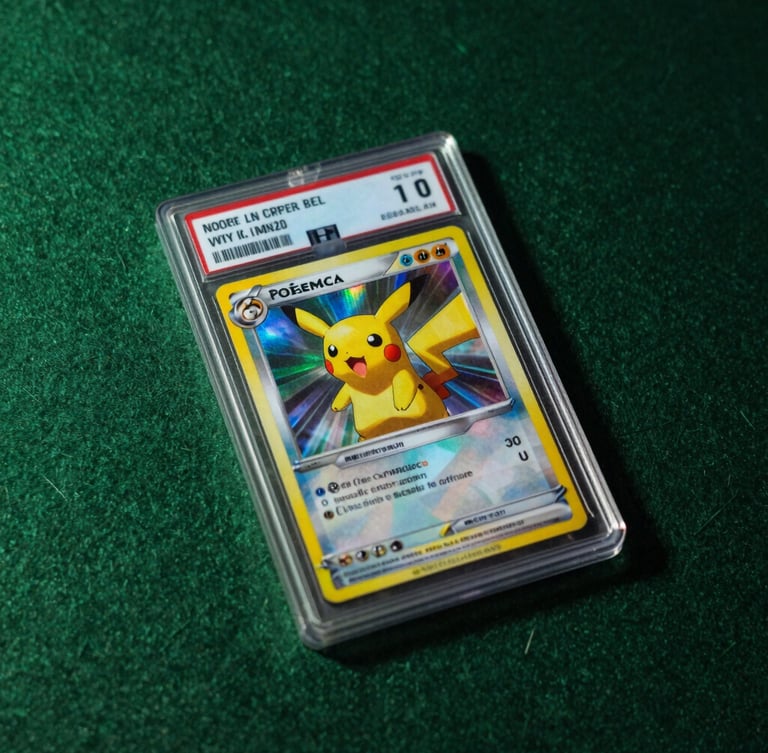 Macro shot of a rare holographic Pokémon card sitting in a hard card sleeve on a dark green felt tournament table, dramatic neon green side lighting, high contrast