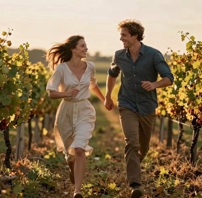 A joyful young couple running through a golden-hour vineyard in Reims, warm backlighting, shallow depth of field, natural motion, cinematic style.