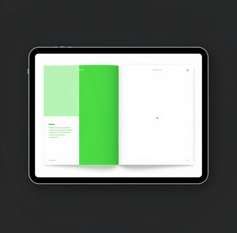 Straight-on clean digital product mockup of a tablet showing interior pages of a PDF guide, vibrant electric green accents, sharp digital studio light, high-contrast dark background