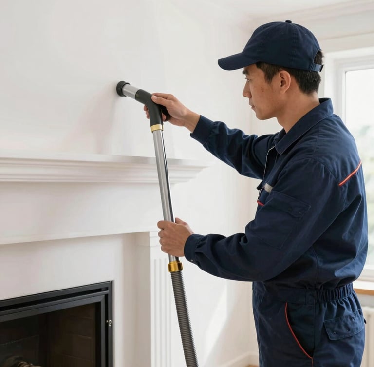 A professional chimney technician in a clean navy uniform adjusting a modern vacuum hose assembly near a fireplace hearth, bright natural indoor daylight, crisp focus.